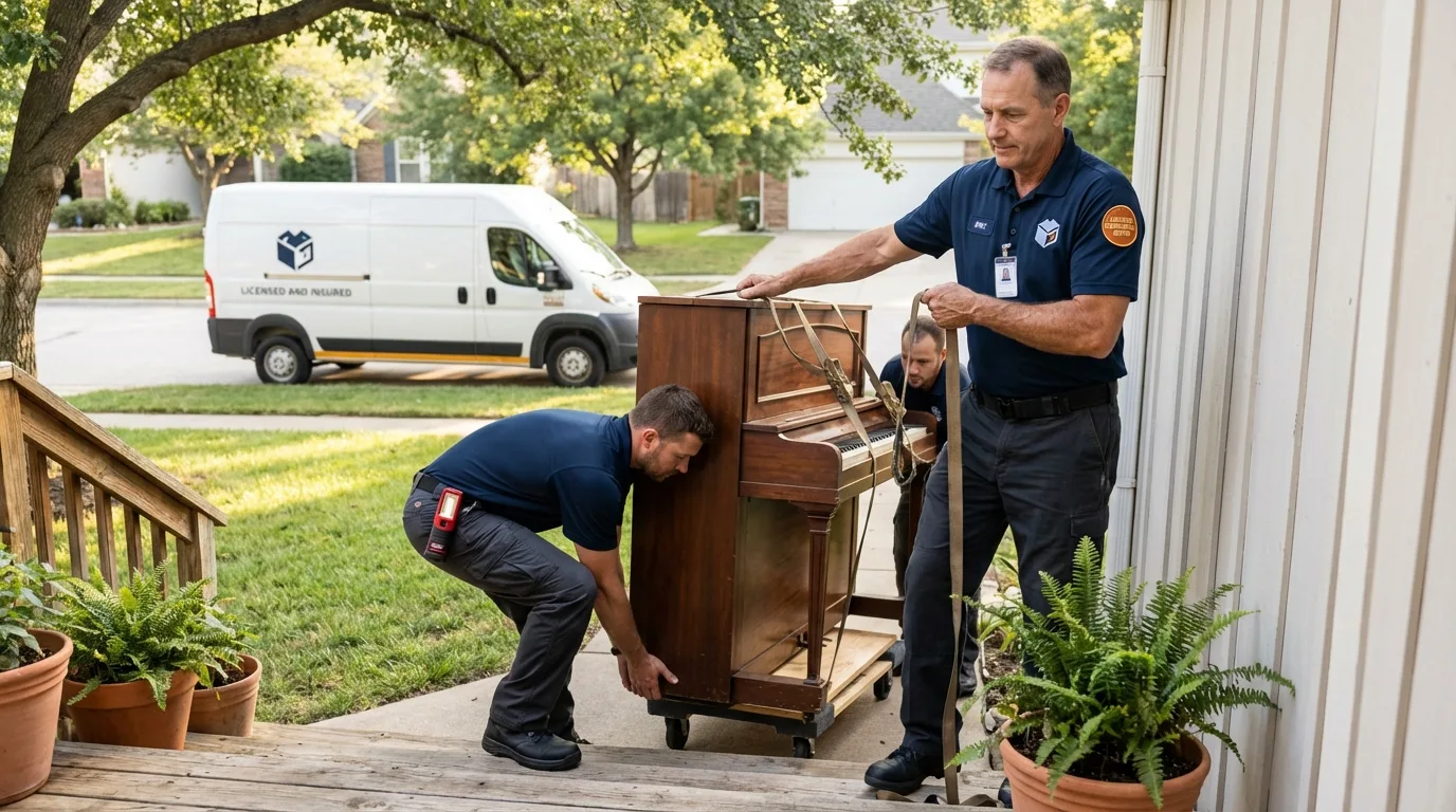Licensed piano movers securing grand piano in Oak Park, MI