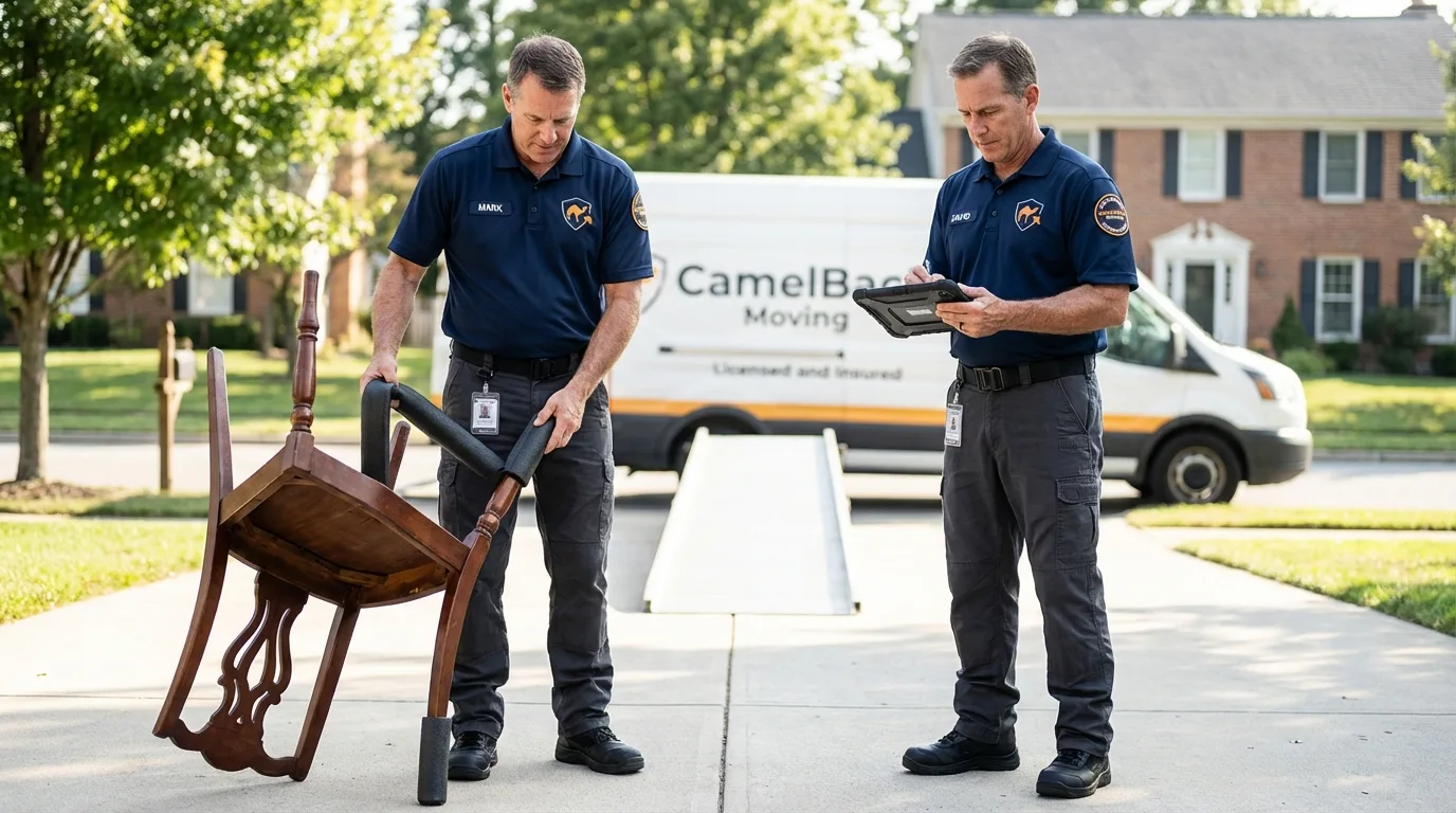 Movers inspecting furniture for damage prevention before loading in Oak Park, MI